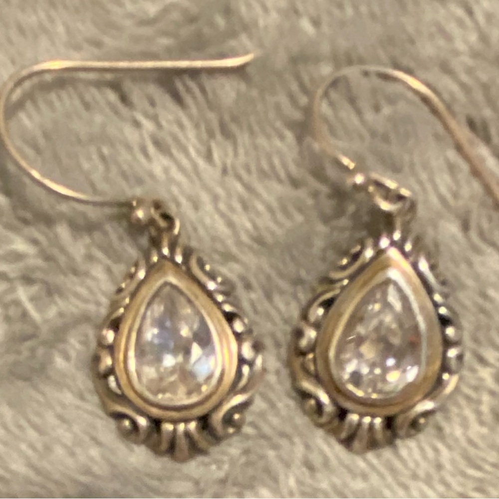 Sterling silver Bali style earrings with cubic zirconia centres